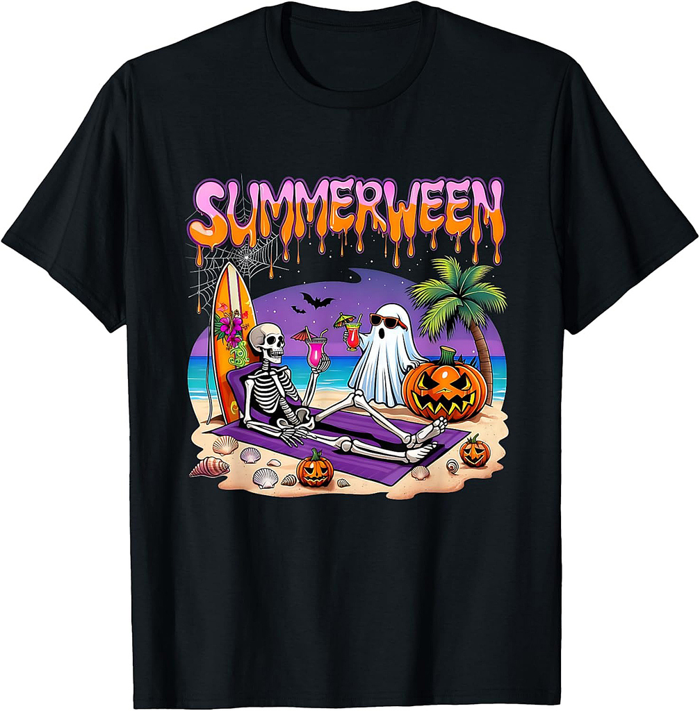 Summerween Skeleton Ghost Beach Funny Spooky Halloween T-Shirt