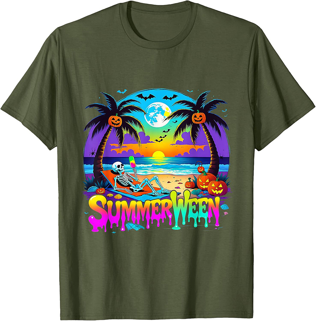 Summerween Skeleton Ghost Beach Funny Spooky Halloween T-Shirt