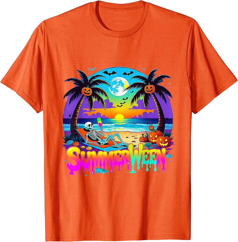 Summerween Skeleton Ghost Beach Funny Spooky Halloween T-Shirt
