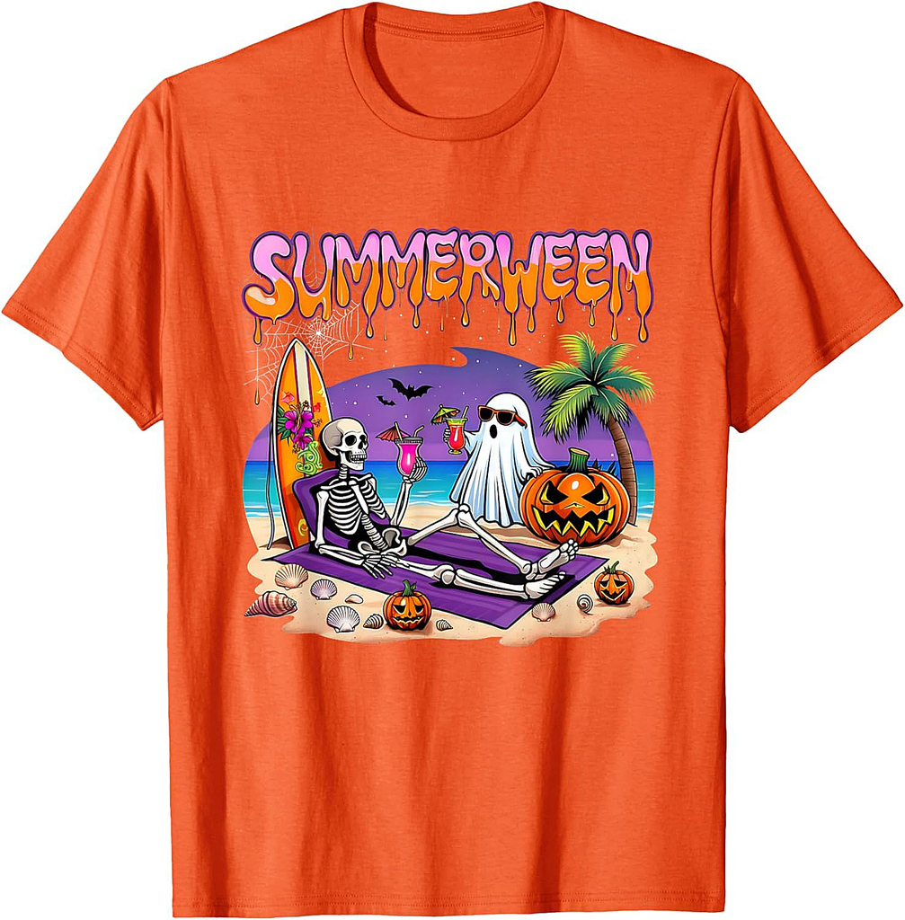 Summerween Skeleton Ghost Beach Funny Spooky Halloween T-Shirt