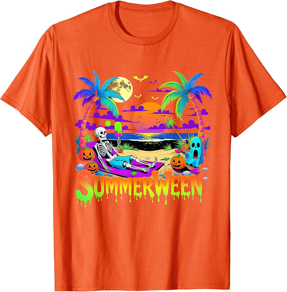 Summerween Skeleton Ghost Beach Funny Spooky Halloween T-Shirt