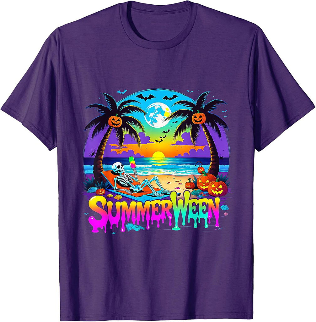 Summerween Skeleton Ghost Beach Funny Spooky Halloween T-Shirt