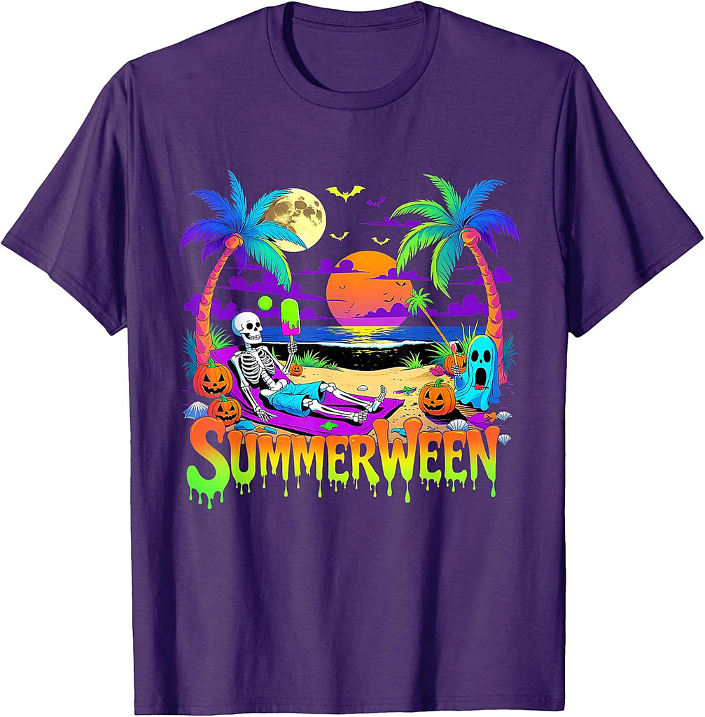 Summerween Skeleton Ghost Beach Funny Spooky Halloween T-Shirt