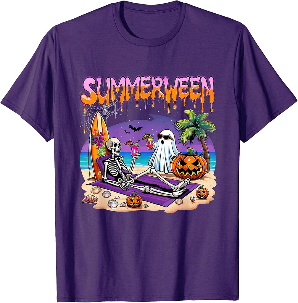 Summerween Skeleton Ghost Beach Funny Spooky Halloween T-Shirt