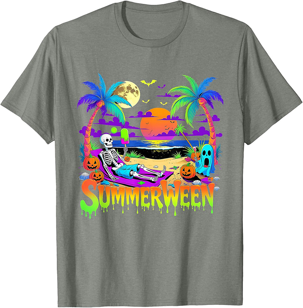 Summerween Skeleton Ghost Beach Funny Spooky Halloween T-Shirt