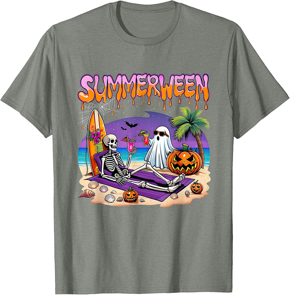 Summerween Skeleton Ghost Beach Funny Spooky Halloween T-Shirt