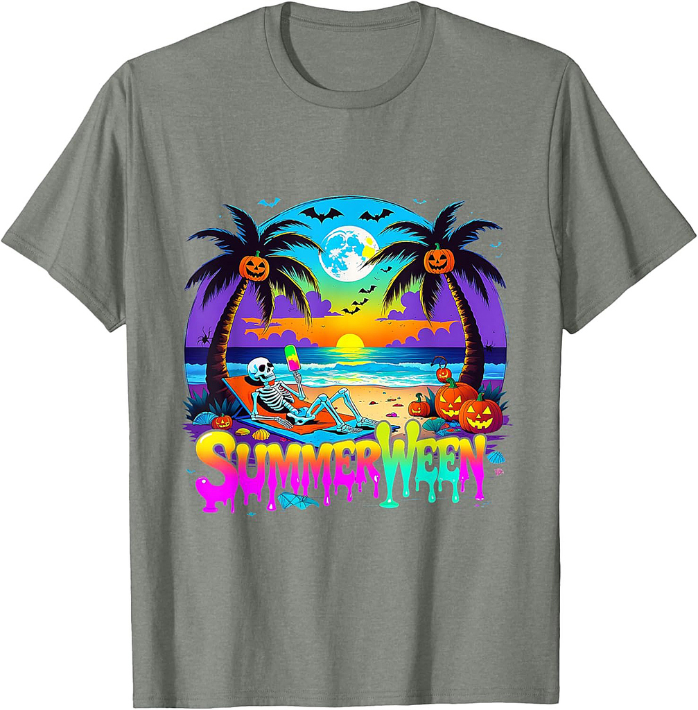 Summerween Skeleton Ghost Beach Funny Spooky Halloween T-Shirt