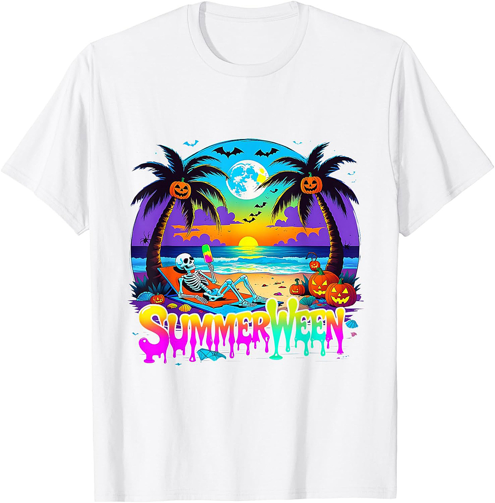 Summerween Skeleton Ghost Beach Funny Spooky Halloween T-Shirt