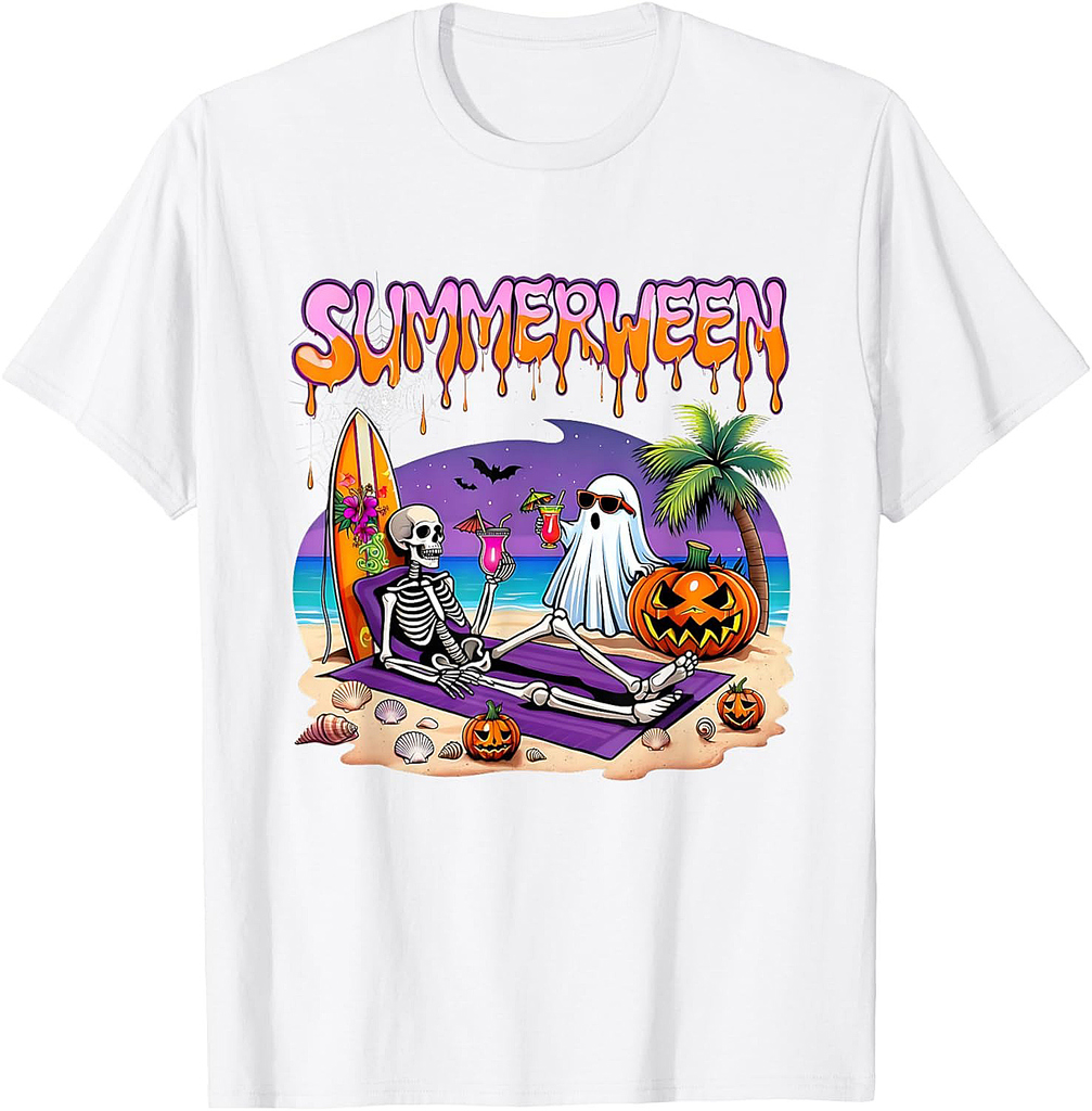 Summerween Skeleton Ghost Beach Funny Spooky Halloween T-Shirt