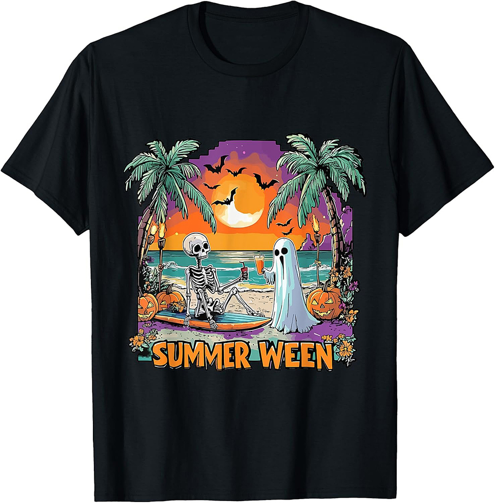 Summerween Skeleton Ghost Beach Party Halloween Vibes T-Shirt