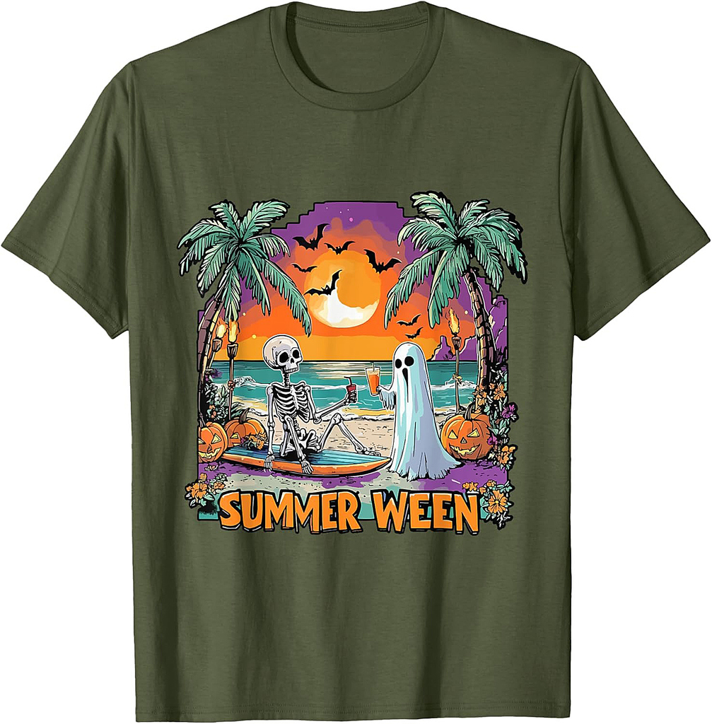 Summerween Skeleton Ghost Beach Party Halloween Vibes T-Shirt