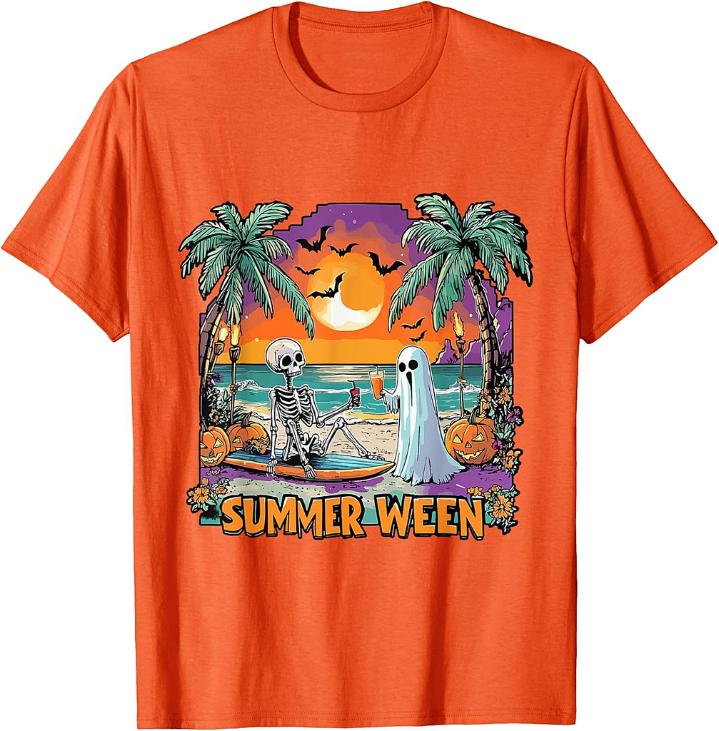 Summerween Skeleton Ghost Beach Party Halloween Vibes T-Shirt