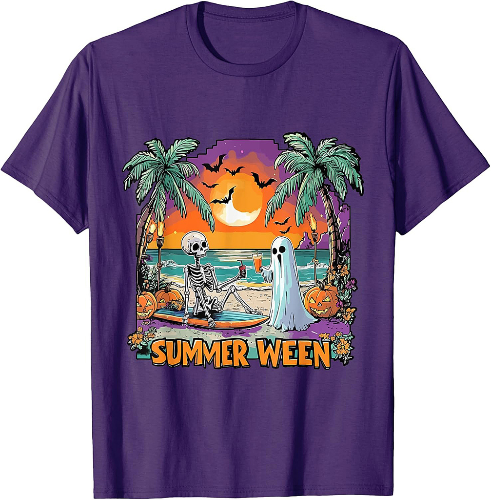 Summerween Skeleton Ghost Beach Party Halloween Vibes T-Shirt
