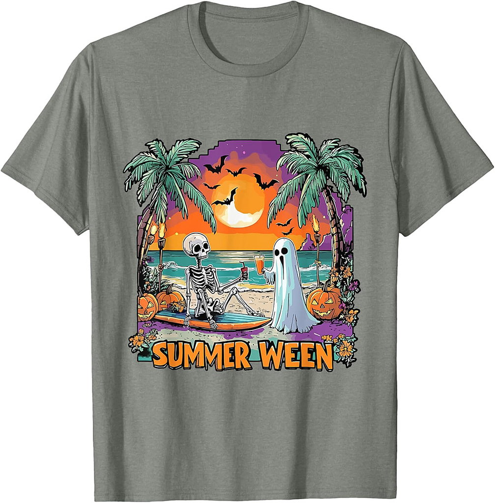 Summerween Skeleton Ghost Beach Party Halloween Vibes T-Shirt