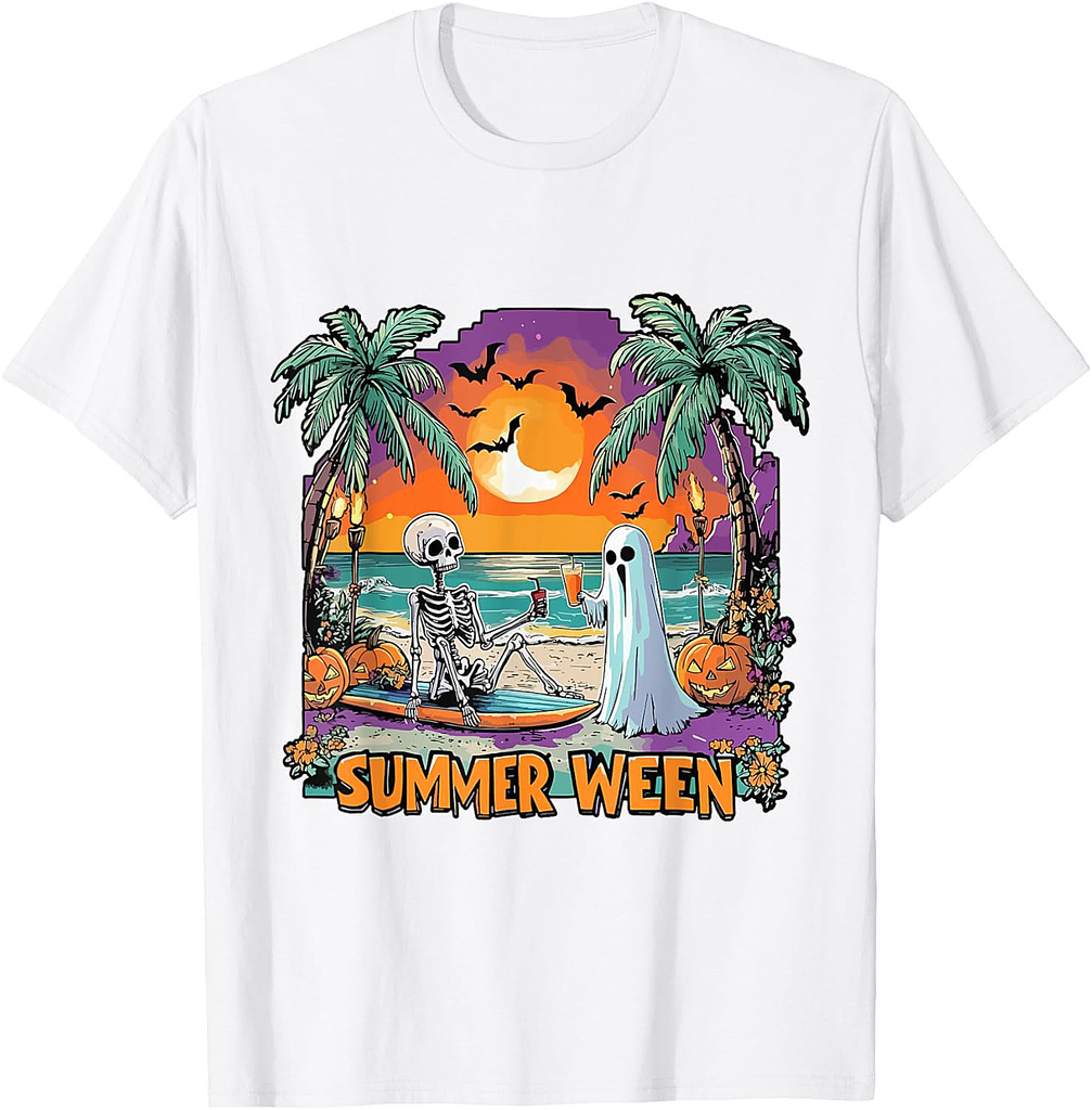Summerween Skeleton Ghost Beach Party Halloween Vibes T-Shirt