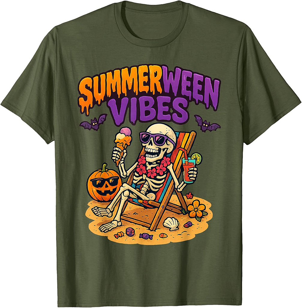 Summerween Skeleton Vibes Halloween Beach Family Vacation T-Shirt
