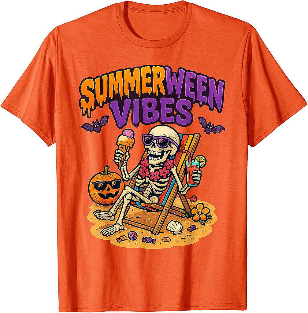 Summerween Skeleton Vibes Halloween Beach Family Vacation T-Shirt