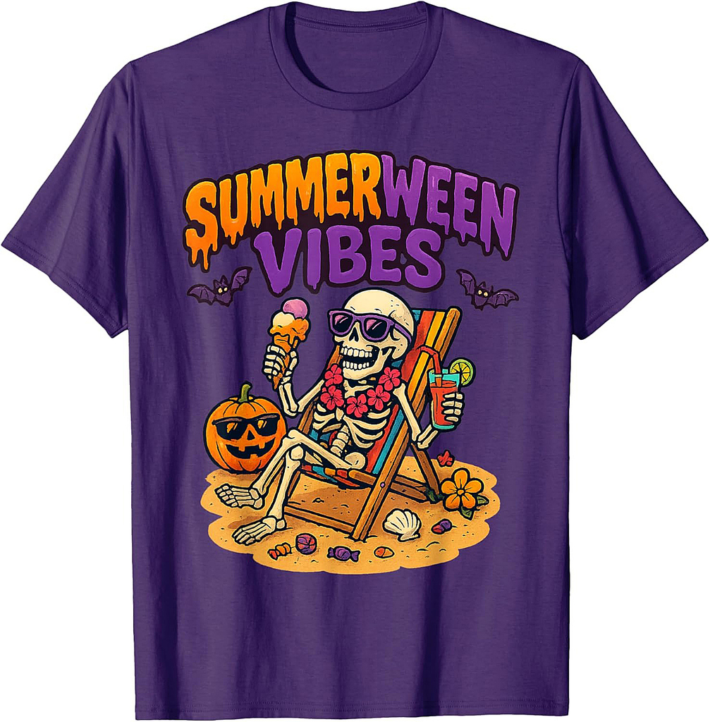 Summerween Skeleton Vibes Halloween Beach Family Vacation T-Shirt