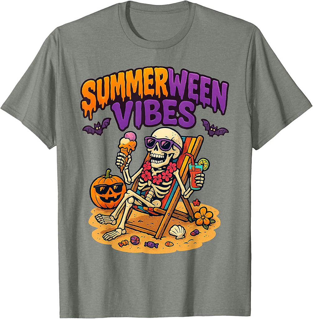 Summerween Skeleton Vibes Halloween Beach Family Vacation T-Shirt