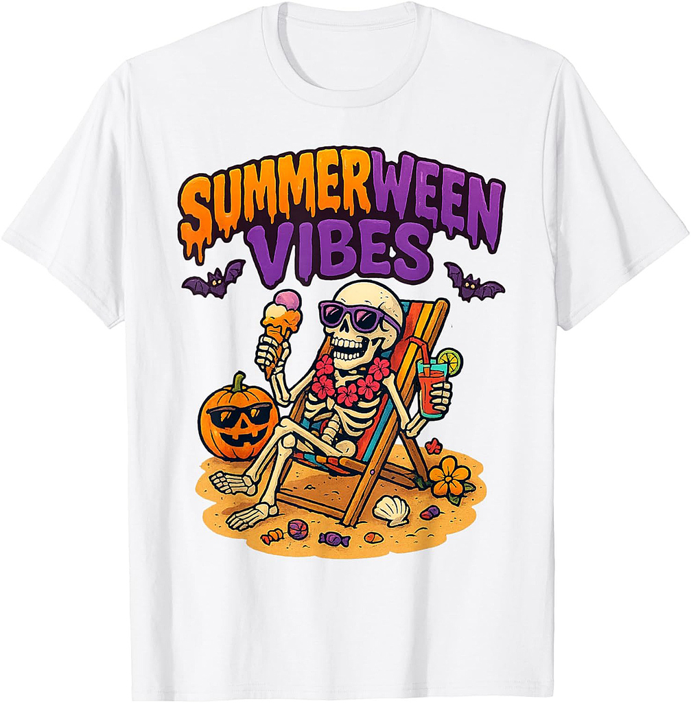 Summerween Skeleton Vibes Halloween Beach Family Vacation T-Shirt