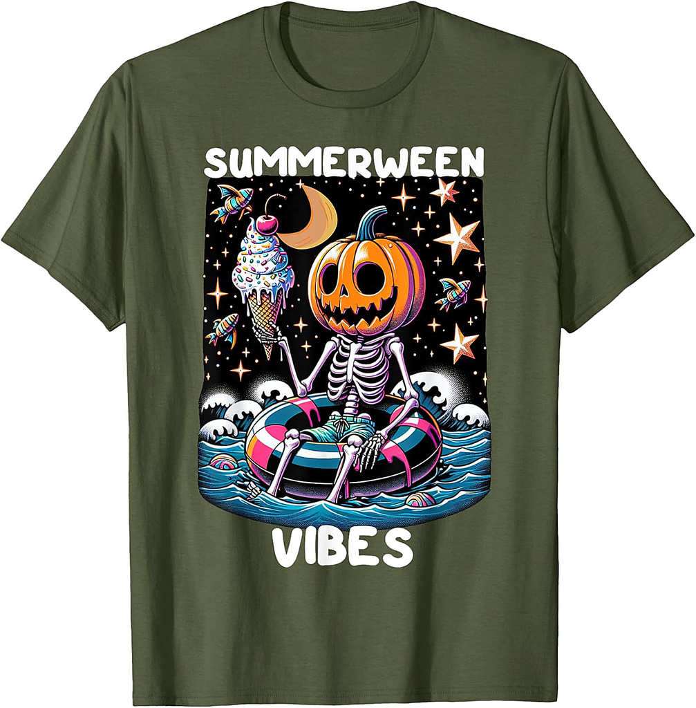 Summerween Summer Halloween Funny Skeleton Ice Cream Party T-Shirt for Men Women Kids