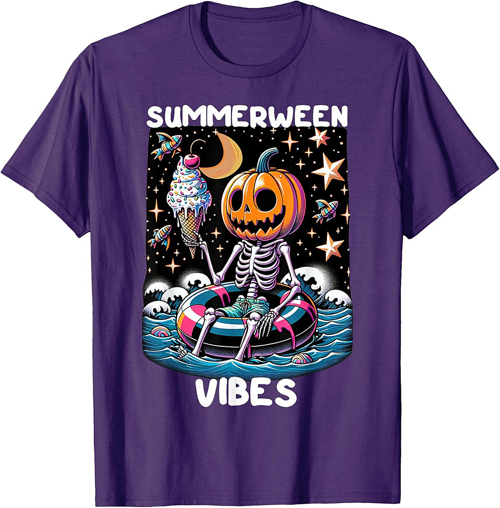 Summerween Summer Halloween Funny Skeleton Ice Cream Party T-Shirt for Men Women Kids