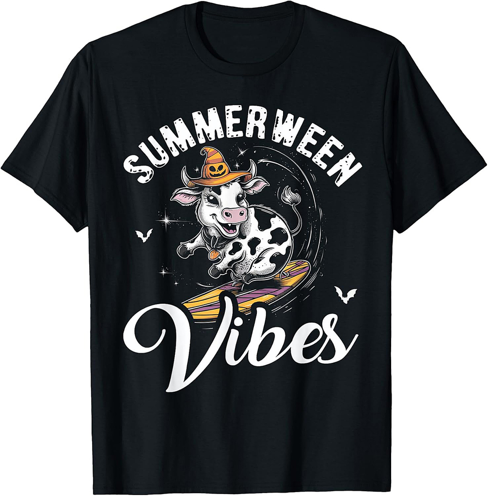 Summerween Vibes Cow Surfing Funny Summer Halloween Vacation T-Shirt for Men Women Kids