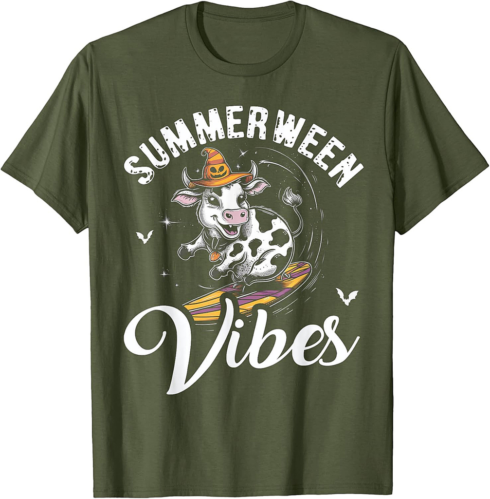 Summerween Vibes Cow Surfing Funny Summer Halloween Vacation T-Shirt for Men Women Kids