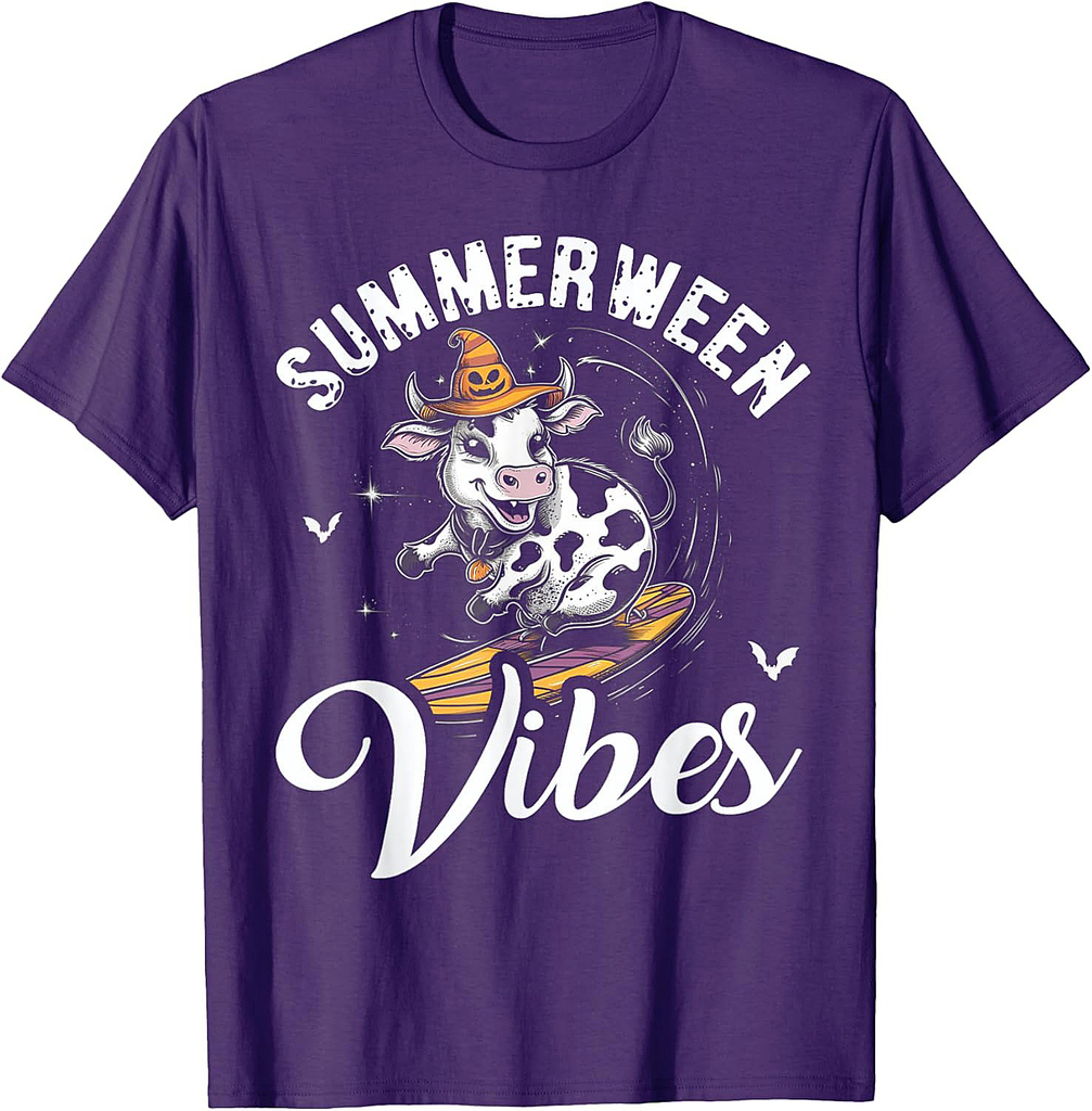 Summerween Vibes Cow Surfing Funny Summer Halloween Vacation T-Shirt for Men Women Kids