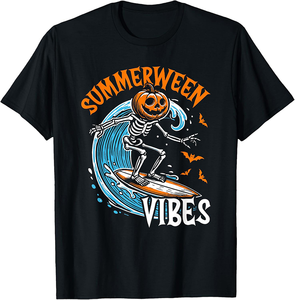 Summerween Vibes Skeleton Pumpkin Surfing Summer Halloween T-Shirt