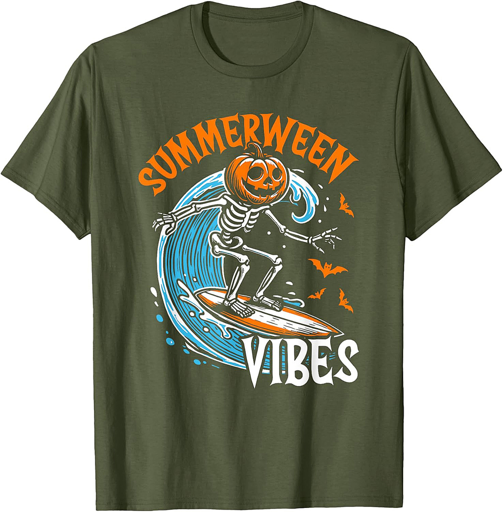 Summerween Vibes Skeleton Pumpkin Surfing Summer Halloween T-Shirt