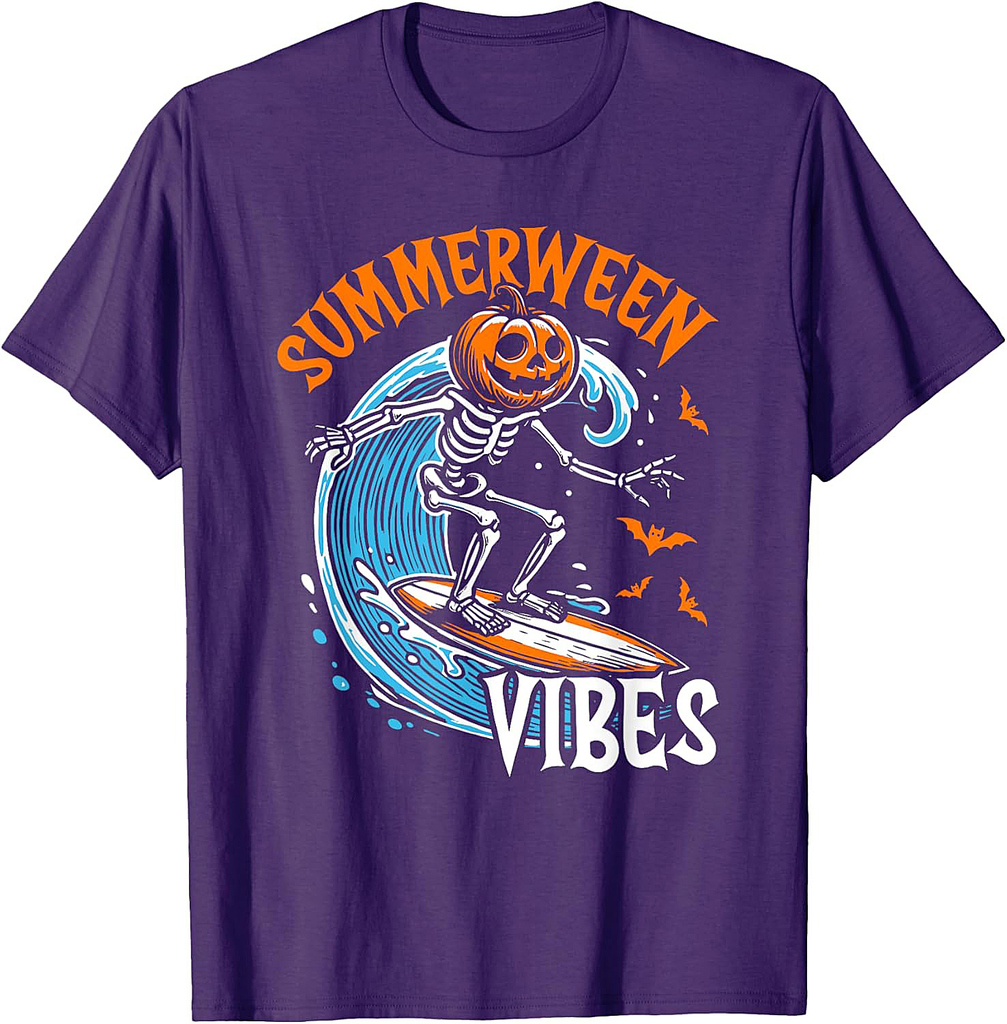 Summerween Vibes Skeleton Pumpkin Surfing Summer Halloween T-Shirt