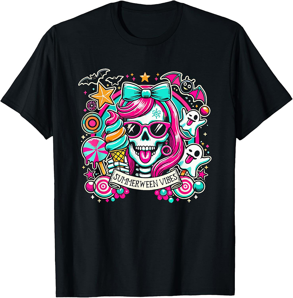 Summerween Vibes Skeleton Spooky Vacation Halloween Summer T-Shirt for Men Women Kids