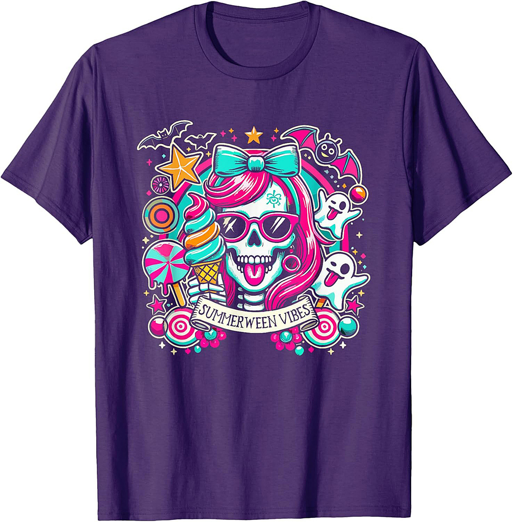Summerween Vibes Skeleton Spooky Vacation Halloween Summer T-Shirt for Men Women Kids