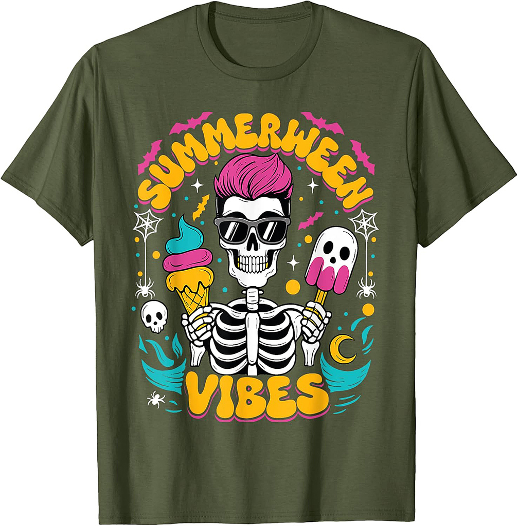 Summerween Vibes Skeleton Spooky Vacation Halloween Summer T-Shirt
