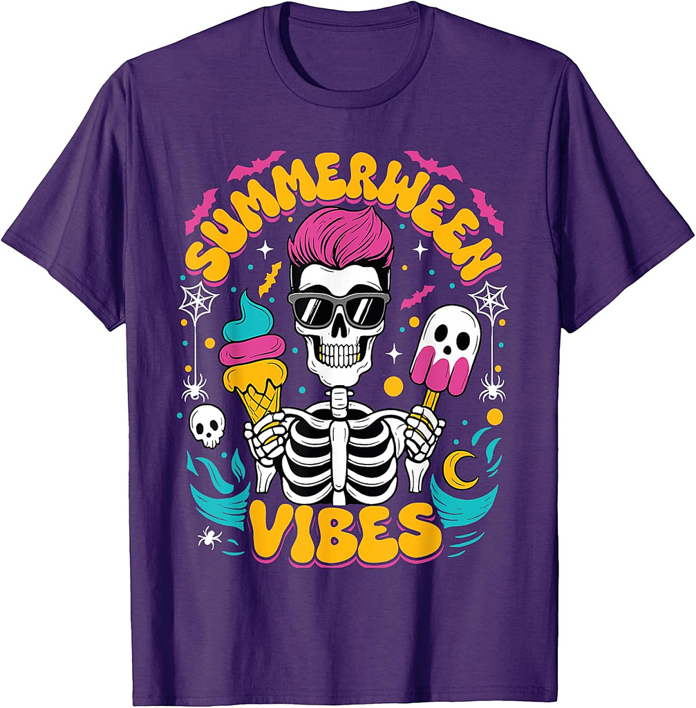 Summerween Vibes Skeleton Spooky Vacation Halloween Summer T-Shirt