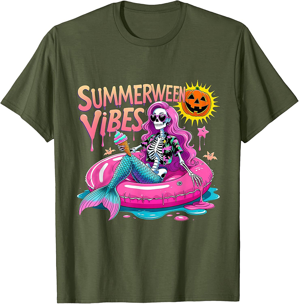 Summerween Vibes Spooky Summer Mermaid Skeleton Halloween T-Shirt
