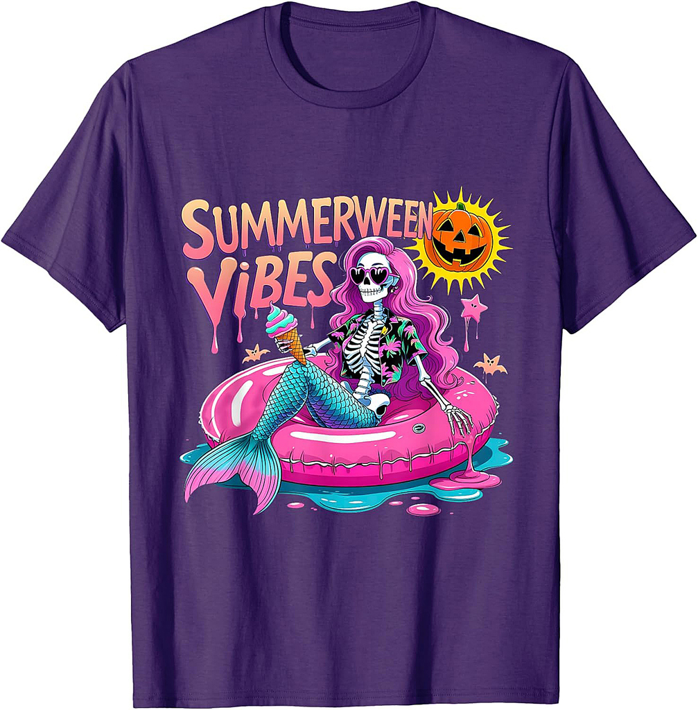 Summerween Vibes Spooky Summer Mermaid Skeleton Halloween T-Shirt