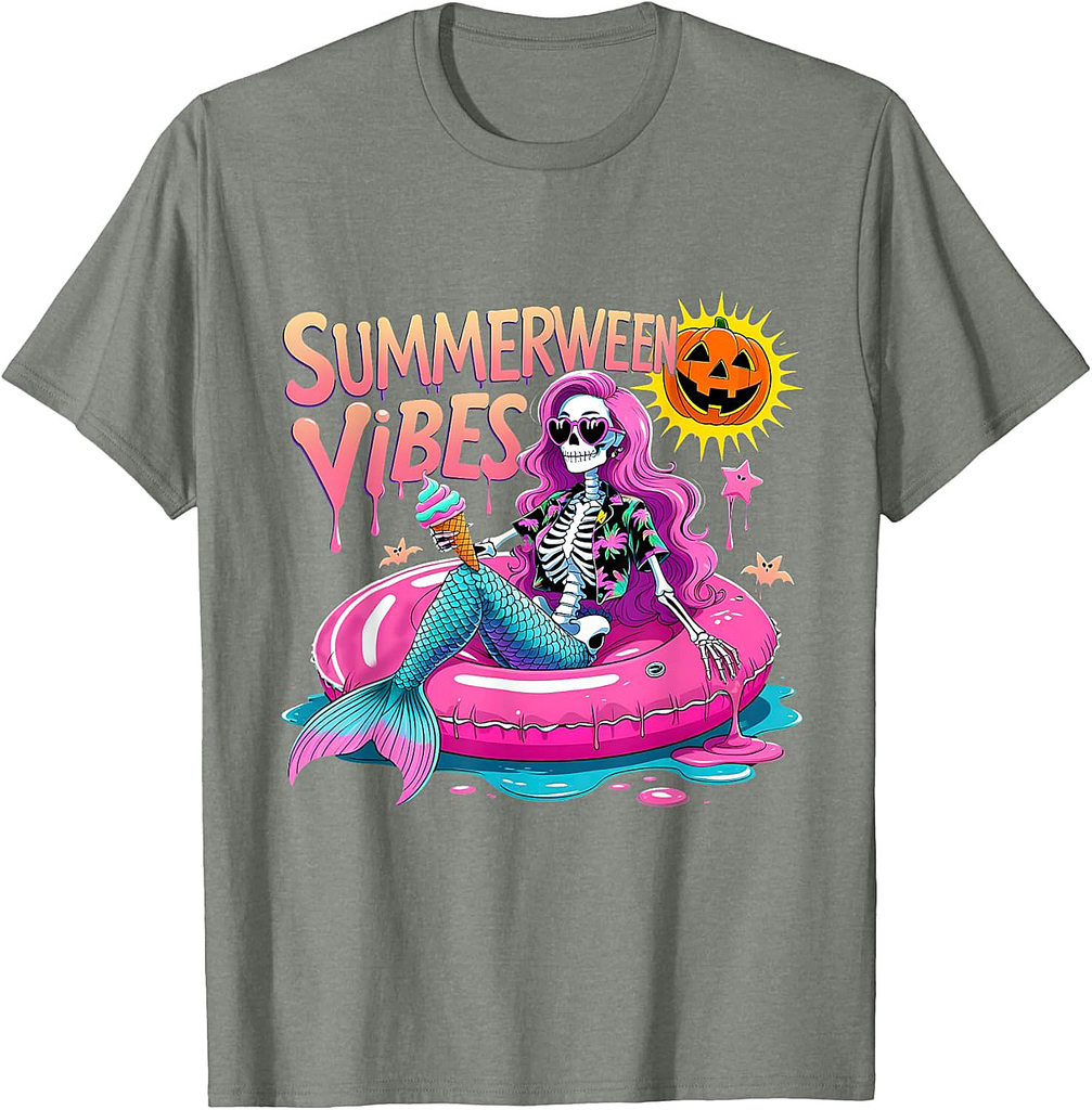 Summerween Vibes Spooky Summer Mermaid Skeleton Halloween T-Shirt