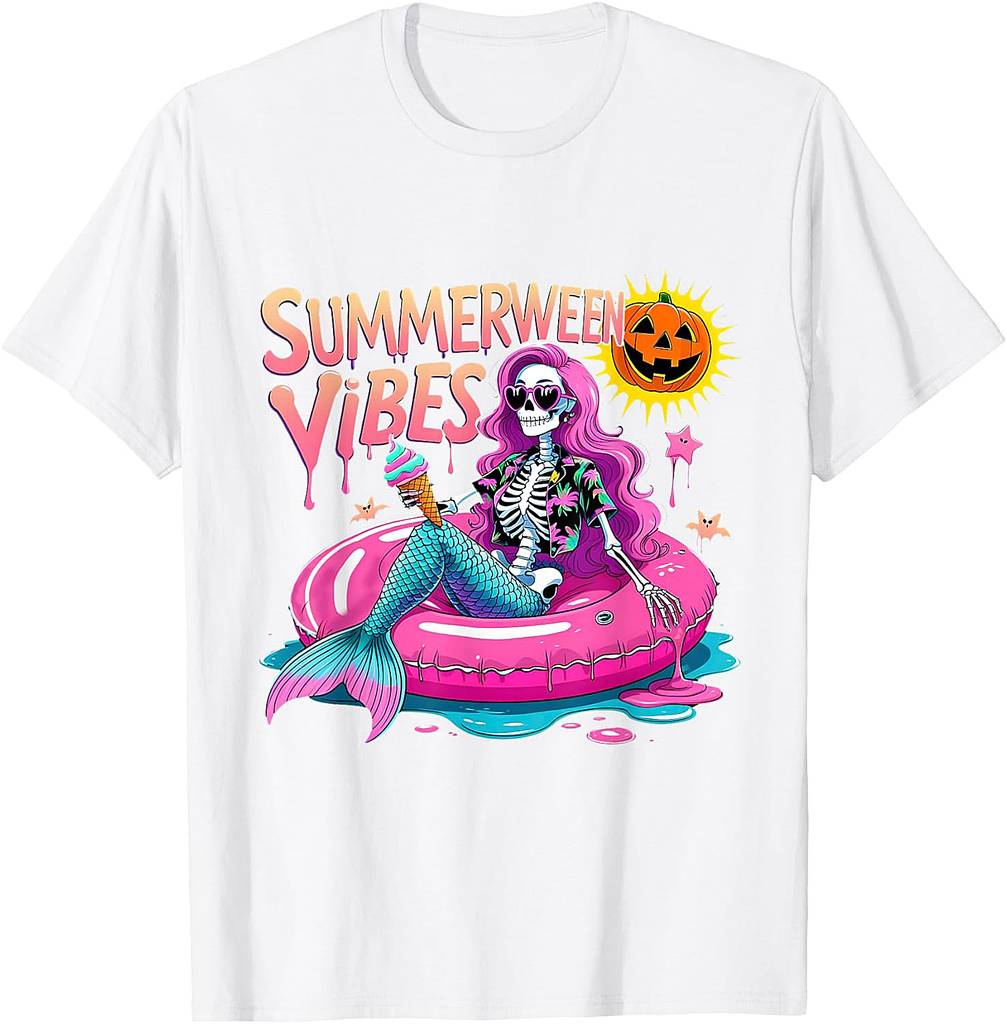 Summerween Vibes Spooky Summer Mermaid Skeleton Halloween T-Shirt