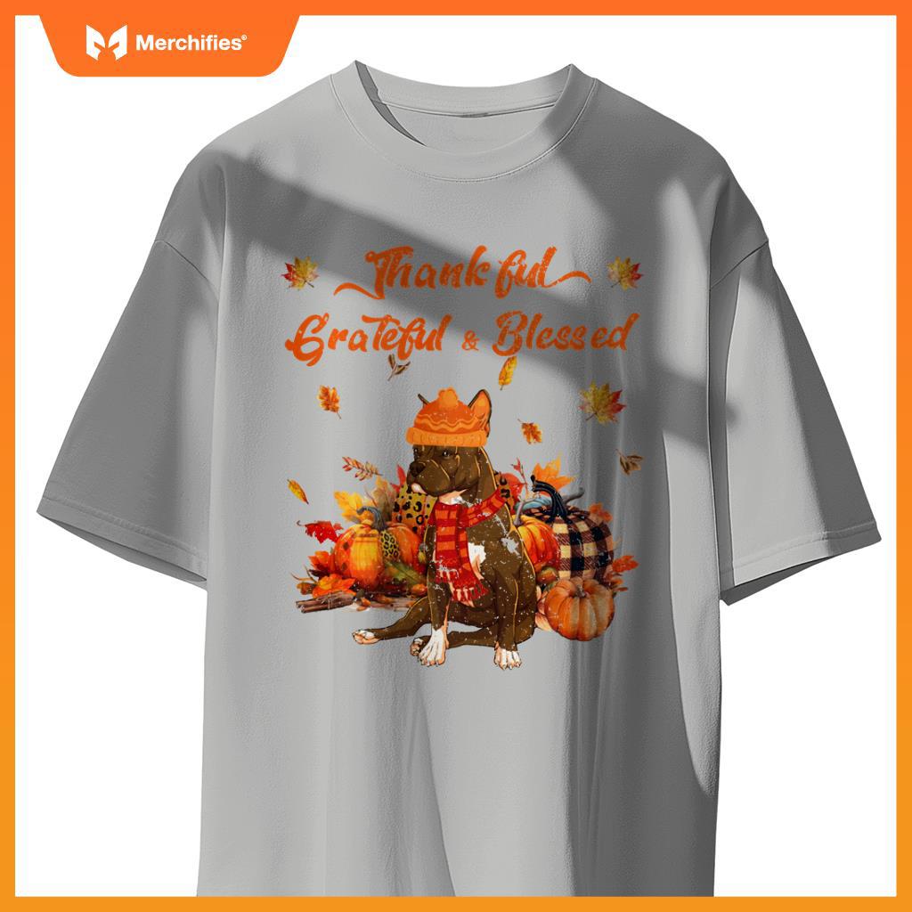 Thankful Grateful Blessed Pitbull Fall Scarf Autumn Leaves T-Shirt