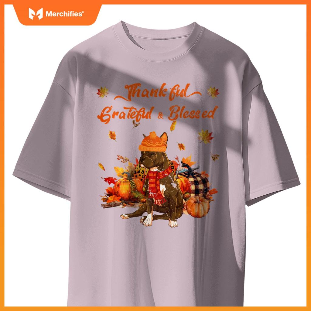 Thankful Grateful Blessed Pitbull Fall Scarf Autumn Leaves T-Shirt