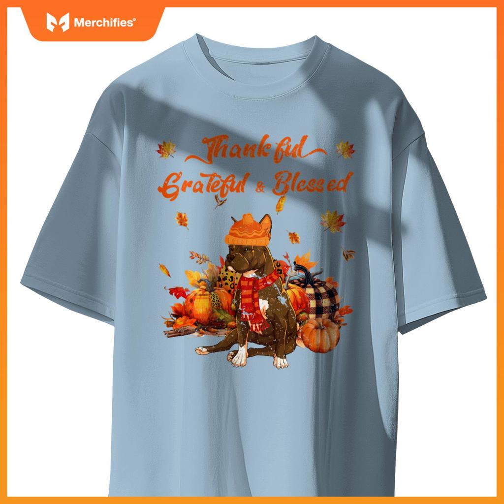 Thankful Grateful Blessed Pitbull Fall Scarf Autumn Leaves T-Shirt