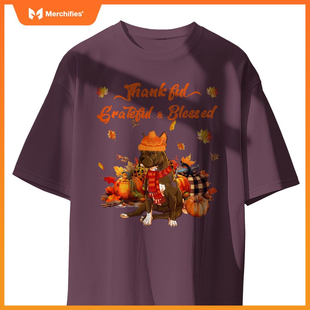 Thankful Grateful Blessed Pitbull Fall Scarf Autumn Leaves T-Shirt