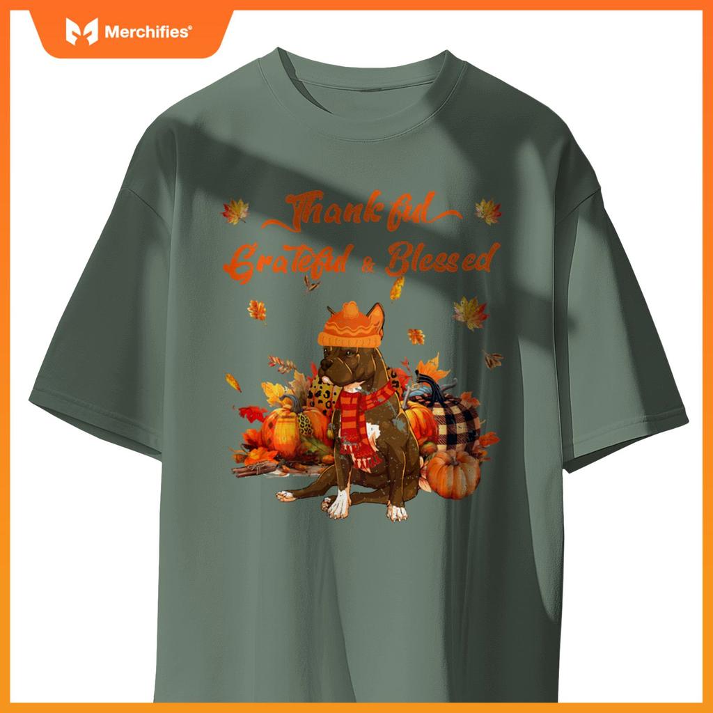 Thankful Grateful Blessed Pitbull Fall Scarf Autumn Leaves T-Shirt