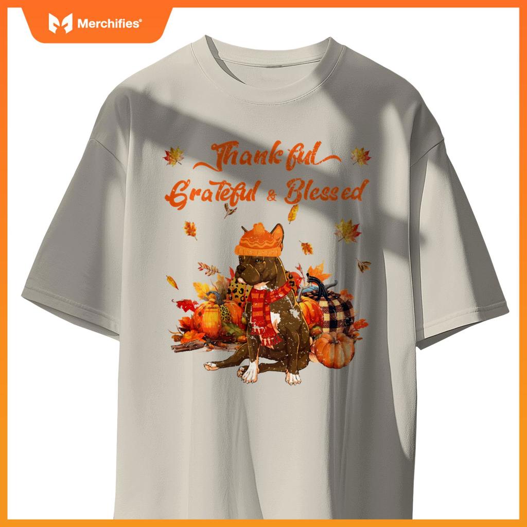 Thankful Grateful Blessed Pitbull Fall Scarf Autumn Leaves T-Shirt