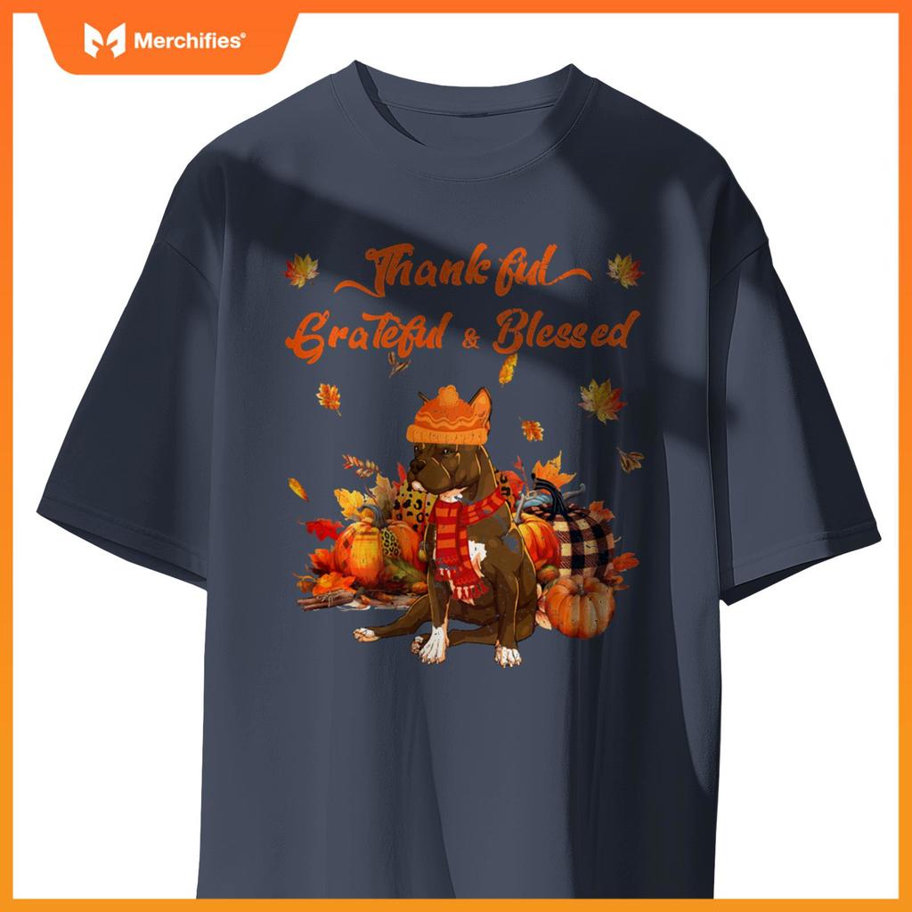 Thankful Grateful Blessed Pitbull Fall Scarf Autumn Leaves T-Shirt