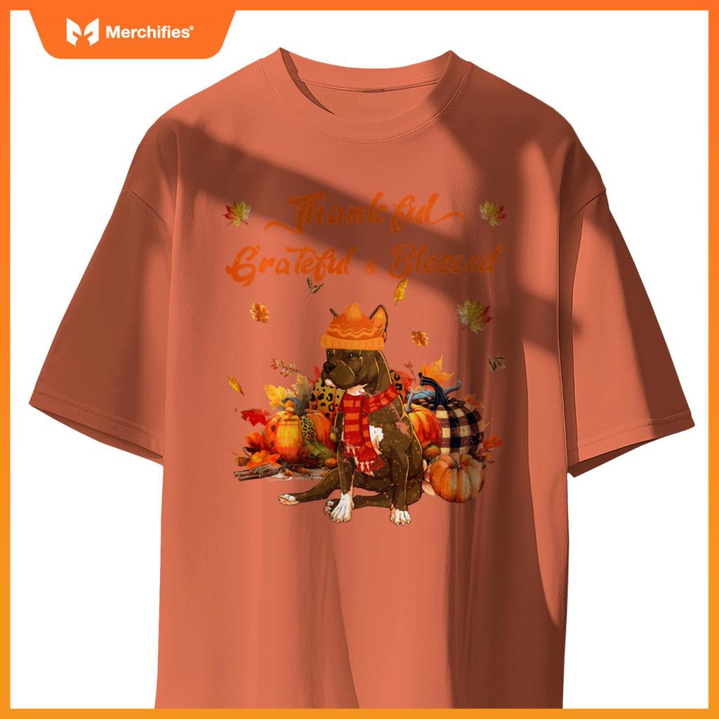 Thankful Grateful Blessed Pitbull Fall Scarf Autumn Leaves T-Shirt