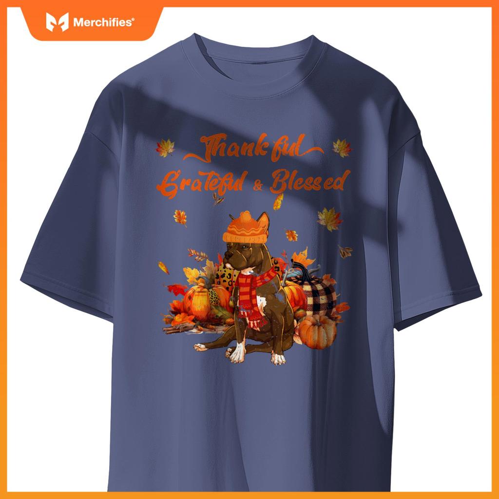 Thankful Grateful Blessed Pitbull Fall Scarf Autumn Leaves T-Shirt