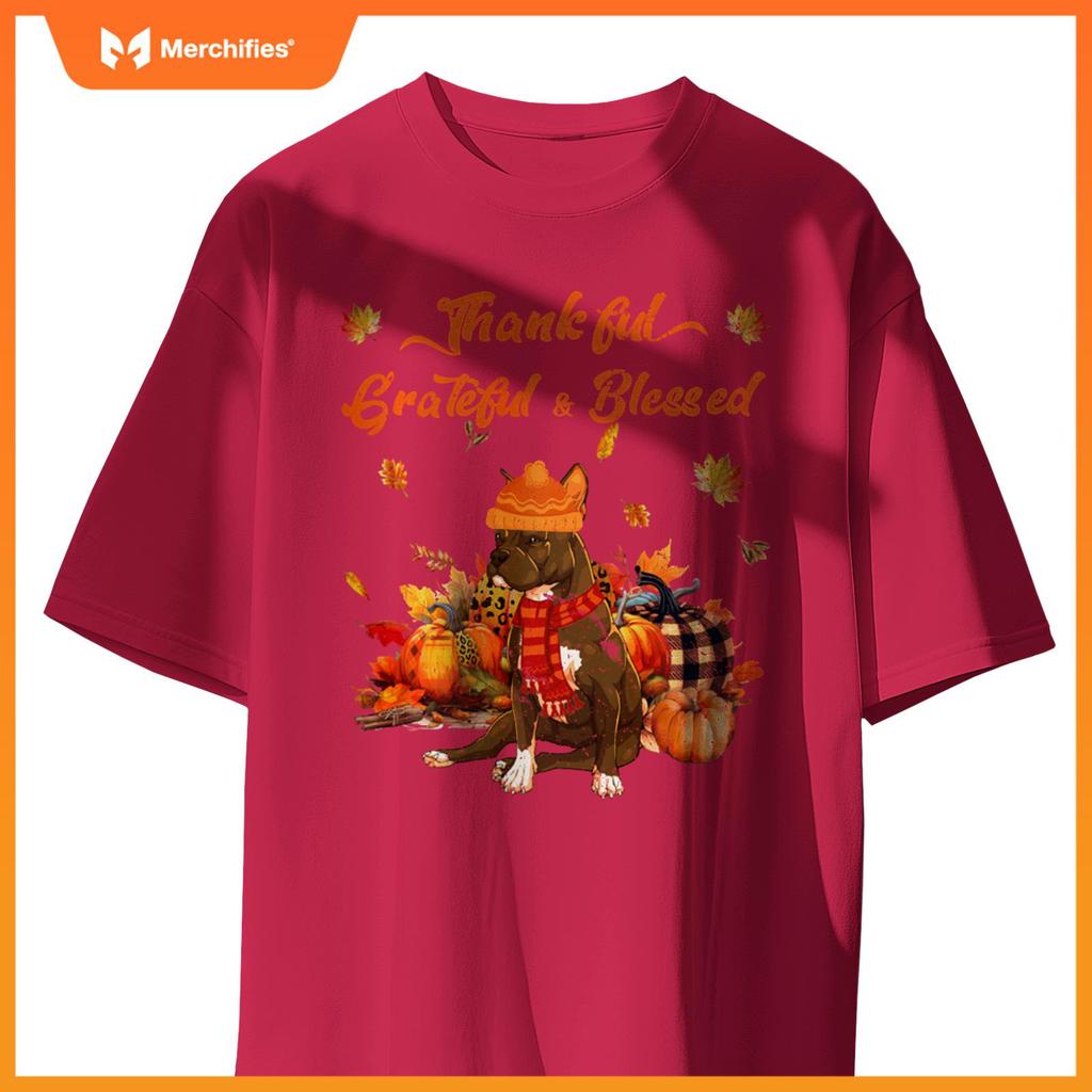 Thankful Grateful Blessed Pitbull Fall Scarf Autumn Leaves T-Shirt